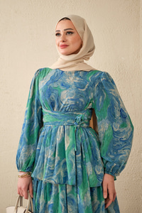 Kat Kat Detay Kuşaklı Astarlı Şifon Elbise Mavi