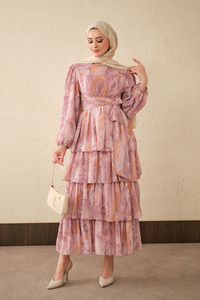 Kat Kat Detay Kuşaklı Astarlı Şifon Elbise Pembe