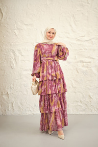 Kat Kat Detay Kuşaklı Astarlı Şifon Elbise Bordo