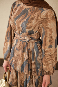 Kat Kat Detay Kuşaklı Astarlı Şifon Elbise Lacivert