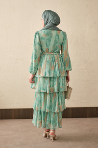 Kat Kat Detay Kuşaklı Astarlı Şifon Elbise Su Yeşil