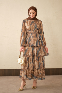 Kat Kat Detay Kuşaklı Astarlı Şifon Elbise Lacivert