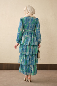 Kat Kat Detay Kuşaklı Astarlı Şifon Elbise Mavi