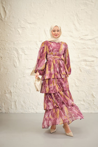 Kat Kat Detay Kuşaklı Astarlı Şifon Elbise Bordo