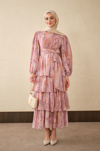 Kat Kat Detay Kuşaklı Astarlı Şifon Elbise Pembe