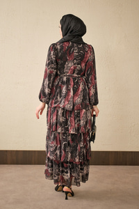 Kat Kat Detay Kuşaklı Astarlı Şifon Elbise Siyah