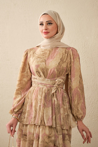 Kat Kat Detay Kuşaklı Astarlı Şifon Elbise Yağ Yeşil