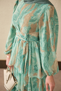 Kat Kat Detay Kuşaklı Astarlı Şifon Elbise Su Yeşil