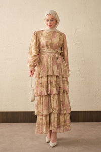 Kat Kat Detay Kuşaklı Astarlı Şifon Elbise Yağ Yeşil