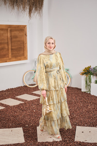 Kat Kat Detay Kuşaklı Astarlı Şifon Elbise Sarı