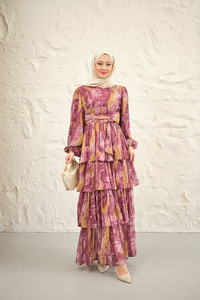 Kat Kat Detay Kuşaklı Astarlı Şifon Elbise Bordo