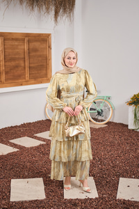 Kat Kat Detay Kuşaklı Astarlı Şifon Elbise Sarı