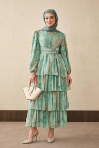 Kat Kat Detay Kuşaklı Astarlı Şifon Elbise Su Yeşil