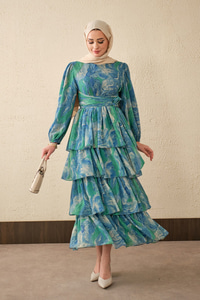 Kat Kat Detay Kuşaklı Astarlı Şifon Elbise Mavi