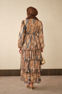 Kat Kat Detay Kuşaklı Astarlı Şifon Elbise Lacivert