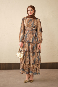 Kat Kat Detay Kuşaklı Astarlı Şifon Elbise Lacivert