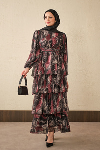 Kat Kat Detay Kuşaklı Astarlı Şifon Elbise Siyah