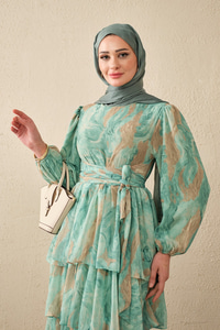 Kat Kat Detay Kuşaklı Astarlı Şifon Elbise Su Yeşil