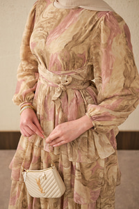 Kat Kat Detay Kuşaklı Astarlı Şifon Elbise Yağ Yeşil