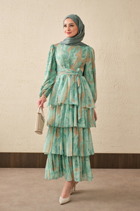 Kat Kat Detay Kuşaklı Astarlı Şifon Elbise Su Yeşil