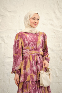 Kat Kat Detay Kuşaklı Astarlı Şifon Elbise Bordo