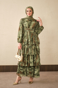 Kat Kat Detay Kuşaklı Astarlı Şifon Elbise Haki Yeşil