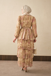 Kat Kat Detay Kuşaklı Astarlı Şifon Elbise Yağ Yeşil