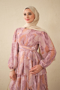 Kat Kat Detay Kuşaklı Astarlı Şifon Elbise Pembe