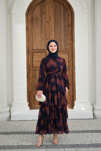 Kat Kat Dökümlü Şifon Elbise Mor