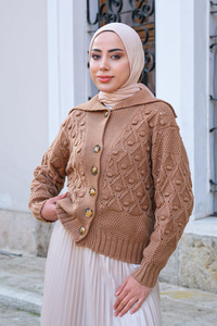 Kayık Yaka Baklava Desen Triko Hırka Vizon