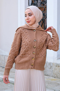 Kayık Yaka Baklava Desen Triko Hırka Vizon