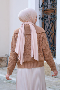 Kayık Yaka Baklava Desen Triko Hırka Vizon