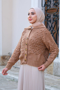 Kayık Yaka Baklava Desen Triko Hırka Vizon