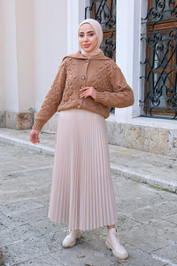 Kayık Yaka Baklava Desen Triko Hırka Vizon