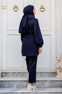 Kayık Yaka Gül Kabartmalı İkili Takım Lacivert