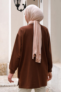 Kaz Ayağı Fermuar Cepli Tunik Kahverengi