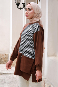 Kaz Ayağı Fermuar Cepli Tunik Kahverengi