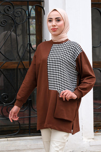 Kaz Ayağı Fermuar Cepli Tunik Kahverengi