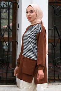 Kaz Ayağı Fermuar Cepli Tunik Kahverengi