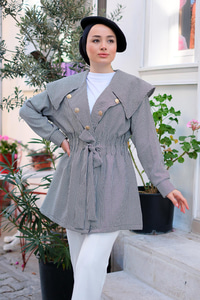 Kazayağı Desenli Bel Büzgülü Ceket Siyah