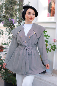 Kazayağı Desenli Bel Büzgülü Ceket Siyah