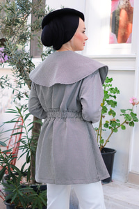 Kazayağı Desenli Bel Büzgülü Ceket Siyah