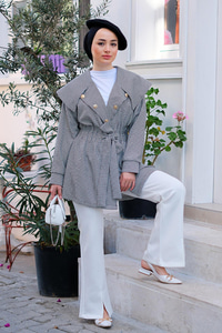 Kazayağı Desenli Bel Büzgülü Ceket Siyah