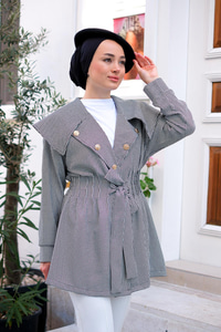 Kazayağı Desenli Bel Büzgülü Ceket Siyah