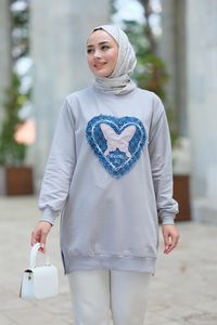 Kelebek Nakışlı Sweat Gri