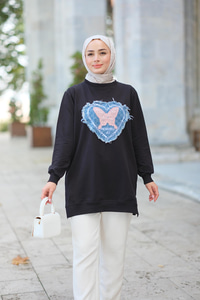 Kelebek Nakışlı Sweat Siyah