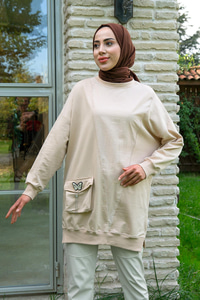 Kelebek Zincir Detaylı Tunik Krem