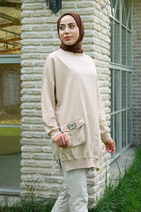 Kelebek Zincir Detaylı Tunik Krem