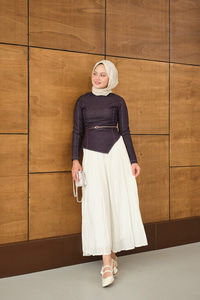 Kemer Bağlamalı Etekli Kot Takım Mürdüm