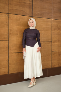 Kemer Bağlamalı Etekli Kot Takım Mürdüm